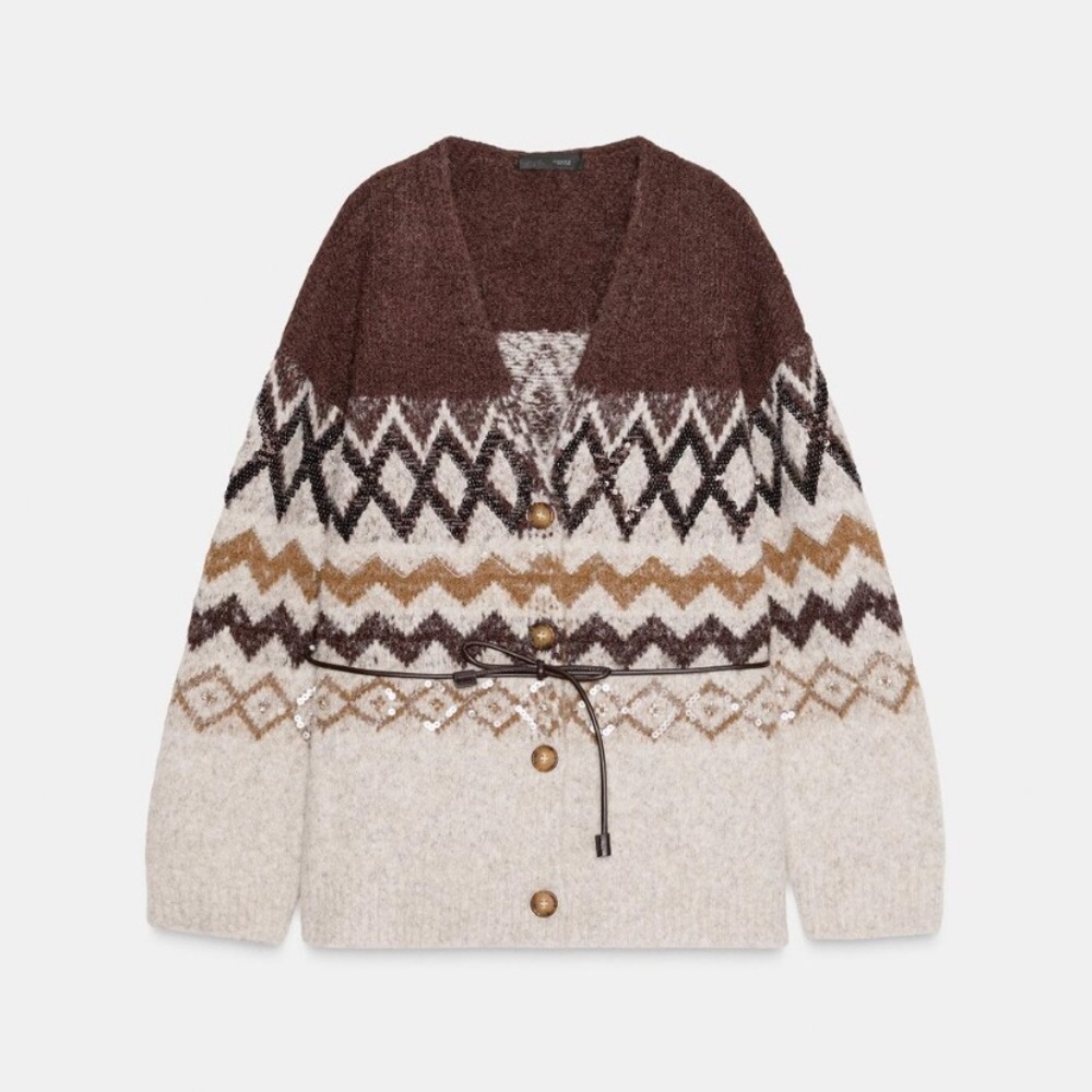 Zara Sequined Jacquard Knit Cardigan with Belt